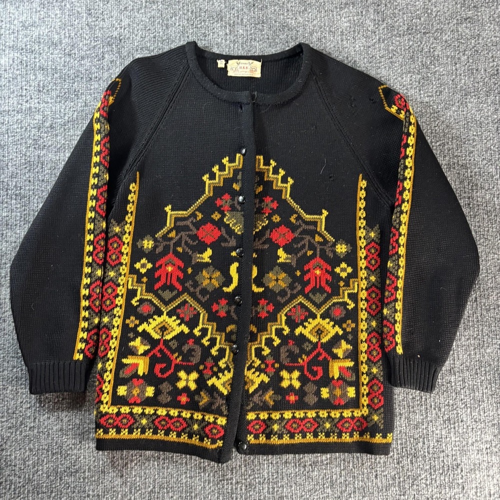 H.K.K Sweater Womens 38‎ Black Wool Geometric Knit Collarless Cardigan Turkey